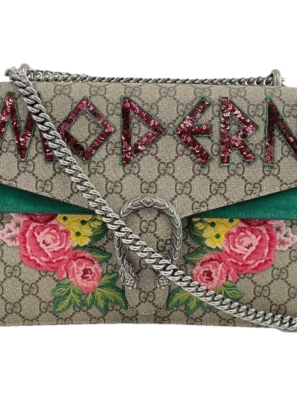 Gucci Beige and Green Floral Embroidered Clutch